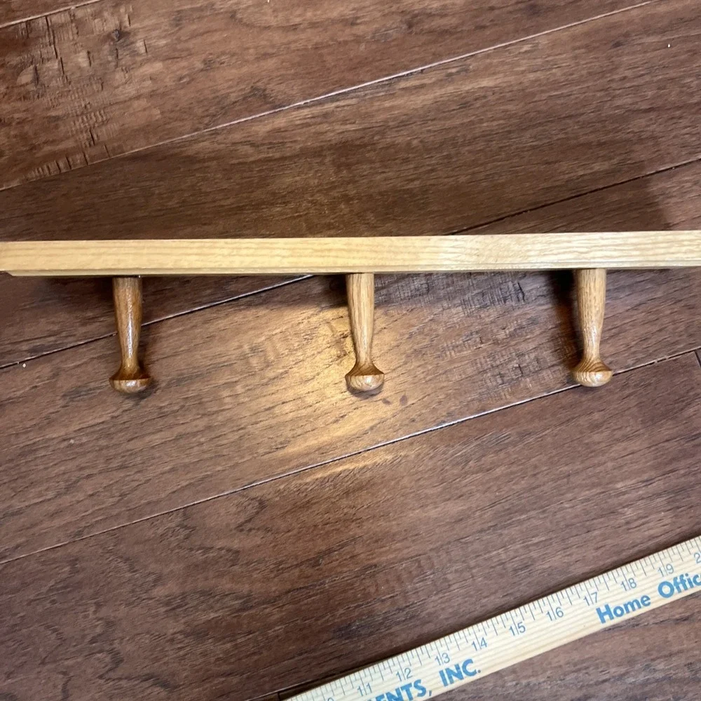 Vintage Wooden 3 Peg Wall Coat Hat Mug Utensil Rack 17.5